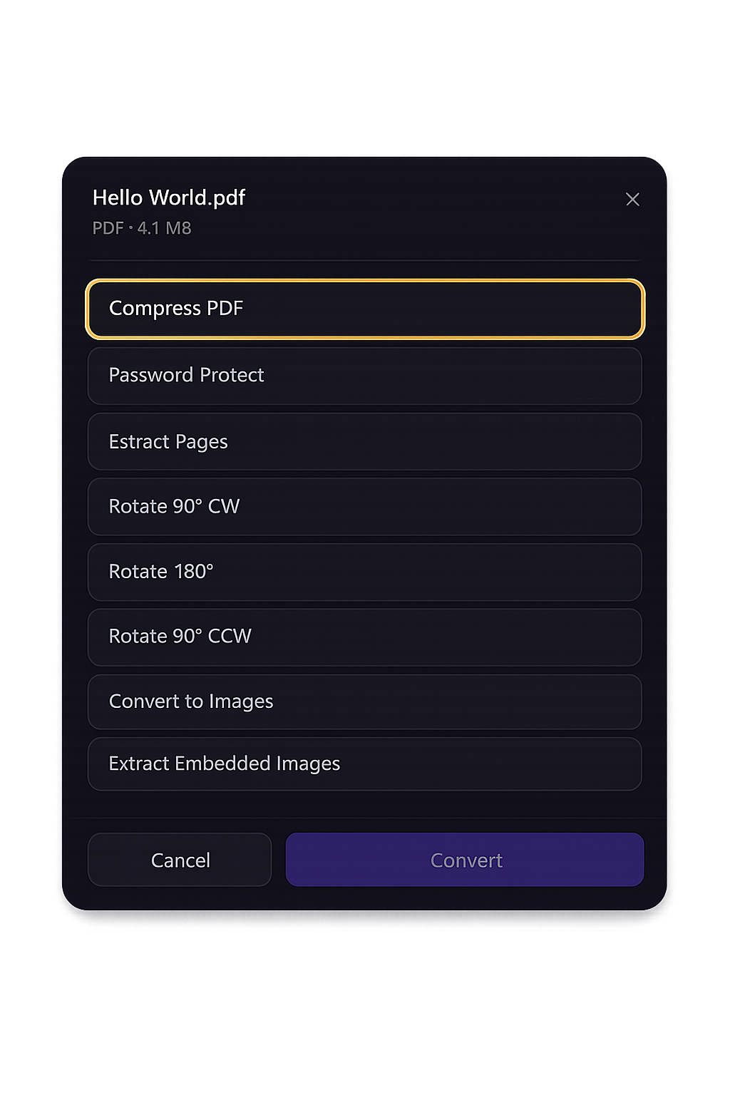 DropFile PDF conversion options dialog