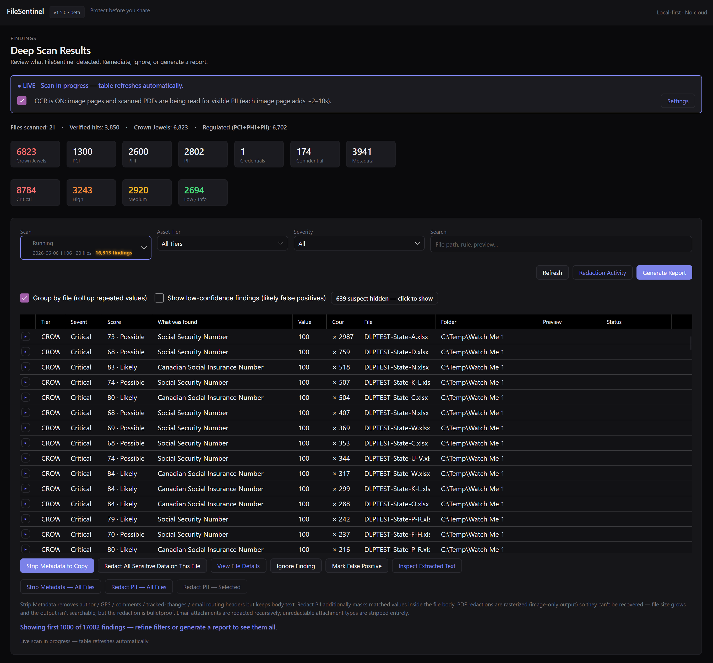 FileSentinel deep scan results table grouped by file, with tier, severity, score, what was found, and remediation actions