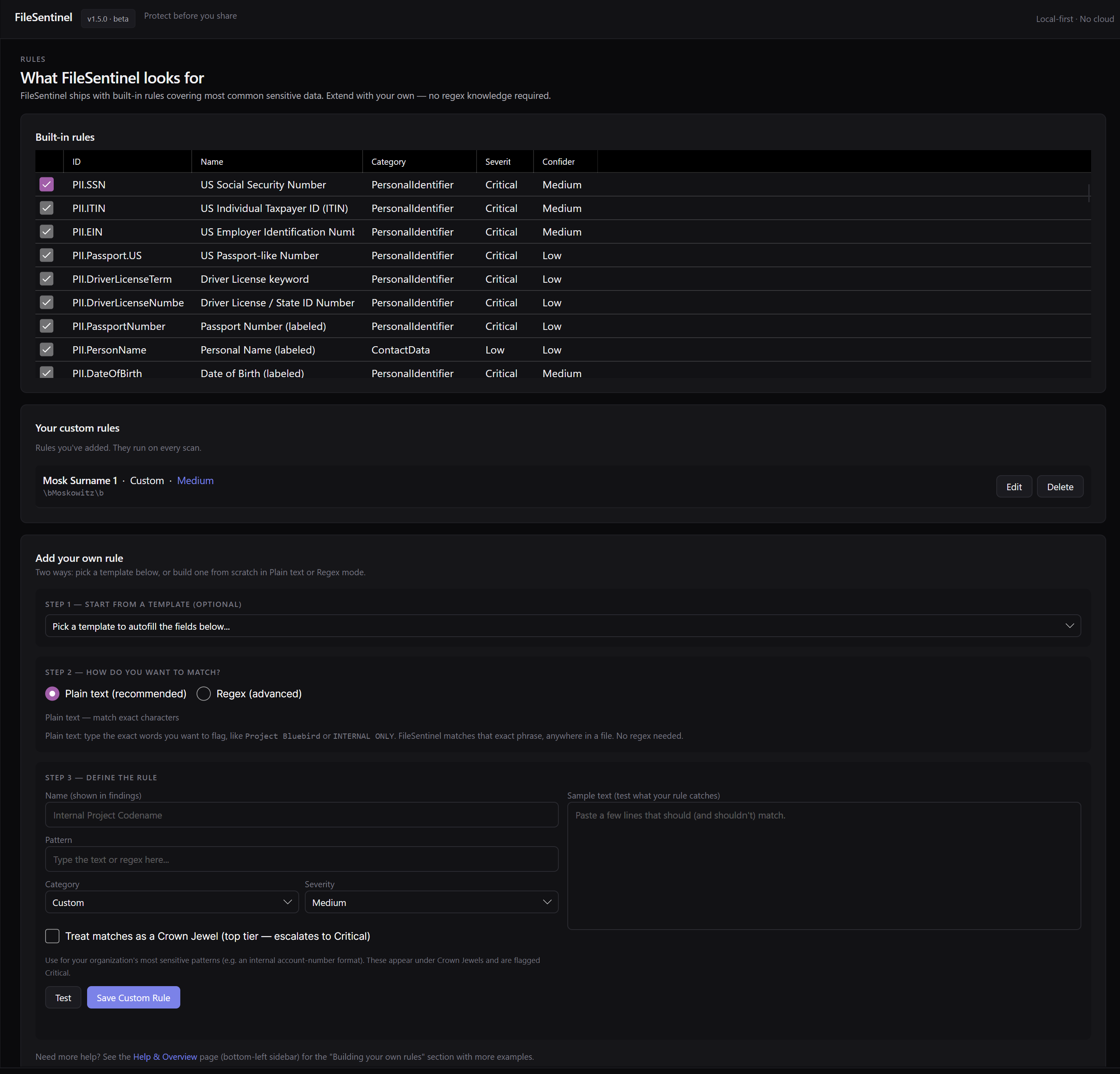 FileSentinel rules screen showing built-in detectors and a builder for custom plain-text or regex rules
