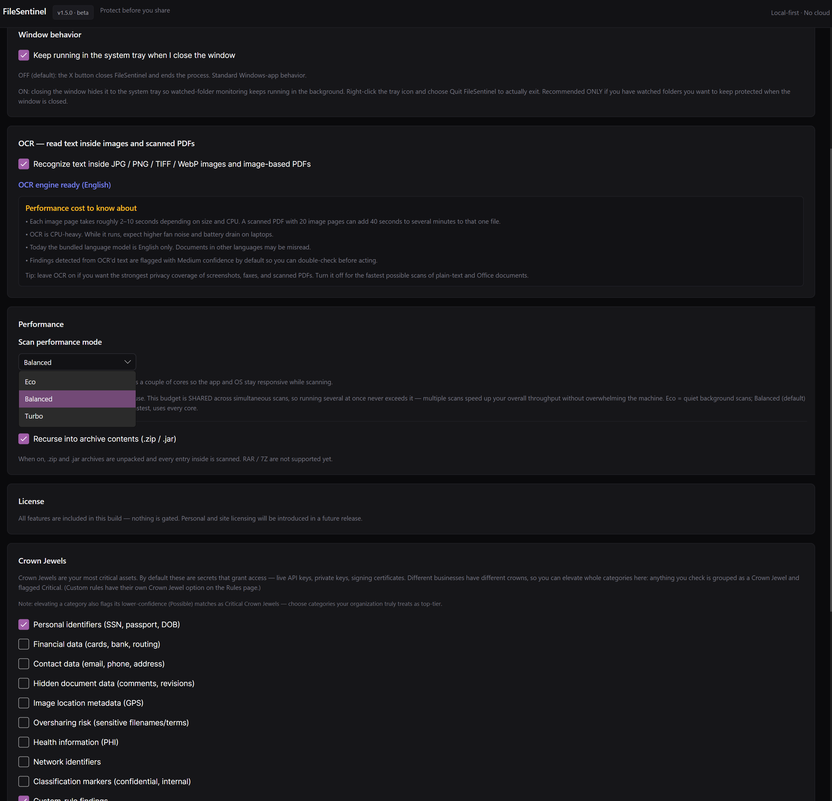 FileSentinel settings showing performance modes, OCR options, archive recursion, system tray behavior, and Crown Jewels categories