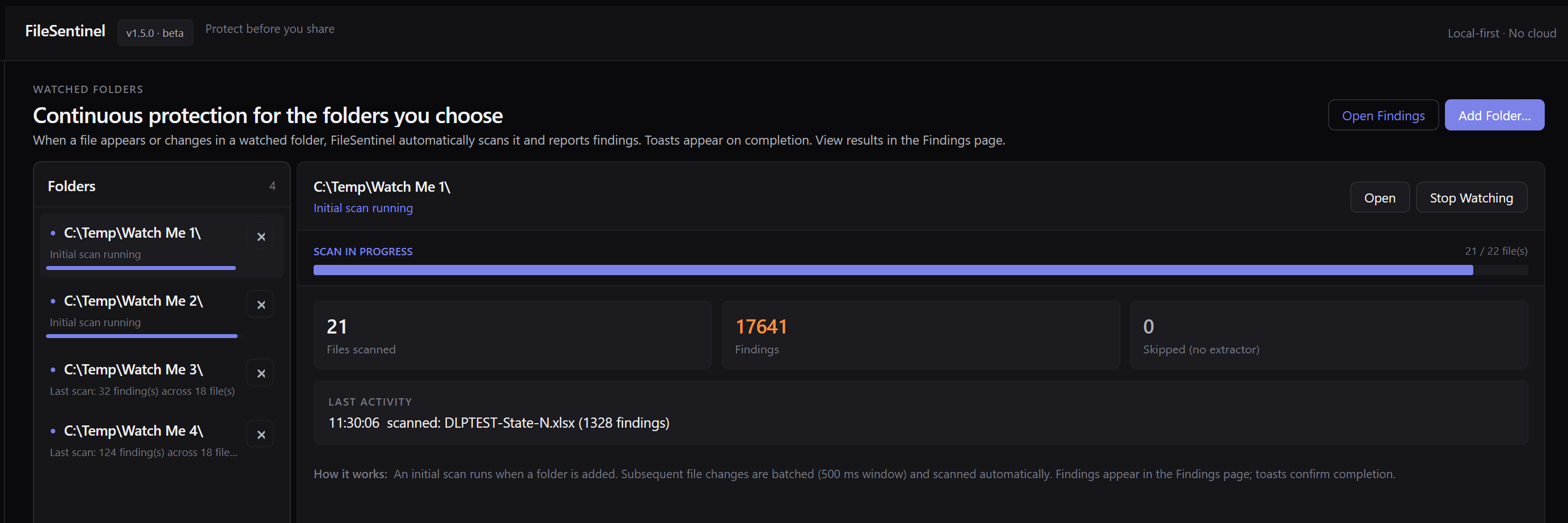 FileSentinel watched folders screen showing continuous monitoring of selected folders with live scan progress